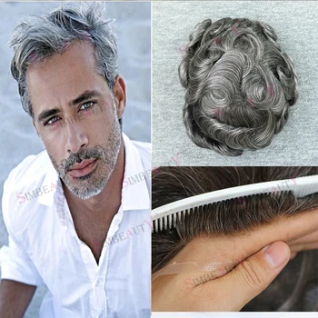 #1b65 #565 Pilka Plaukų Toupee Vyrų Šveicarijos Nėrinių Priekyje & PU Žmogaus Plaukų Pakeitimo Sistema Vyrų Hairpieces Kvėpuojantis Protezas