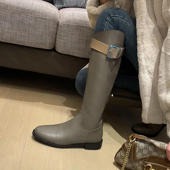 2022 m. Rudenį ir žiemą Moterims Knee-high batai 22-25cm karvės odos ilgi batai, modernus batai šone užtrauktukas, diržo sagtis Riteris Batai