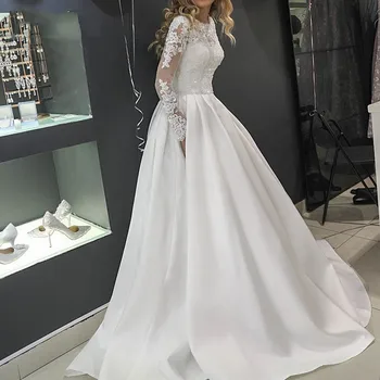 2023 O Kaklas Elegantiškas Satino Vestuvių Suknelės Ilgomis Rankovėmis Nėrinių Appliques Valymo Traukinio Vestidos De Novia Užsakymą Vestuvinės Suknelės