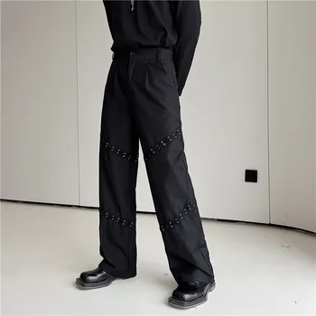 2023 Pavasario korėjos stilius unikalus metalo skylę Juostinio dizaino kostiumas kelnės vyrams, atsitiktinis palaidų kostiumas kelnės vyrams trousera,dydis M-XL