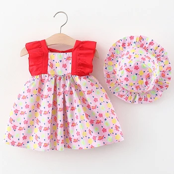 2Piece 2023 Vasarą Vaikai Nustatyti Naujagimių Drabužiai Baby Girl Suknelės korėjos Mados Gėlės Mielas Princess Beach Rožinė Suknelė+Sunhat BC502