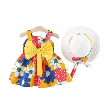 2vnt Vasaros Rankovių Kūdikių Dress Lankas Žiedų Bamblys Suknelės+Sunhat Paplūdimio Princesė Dress Naujagimių Mergaičių Drabužiai
