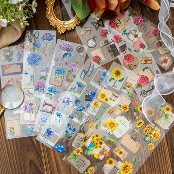 30 paketai didmeninė PET lipdukai gėlės, augalai, koliažas vadovą, apdailos medžiagos, Scrapbooking estetinės spalvinga 6 stilius