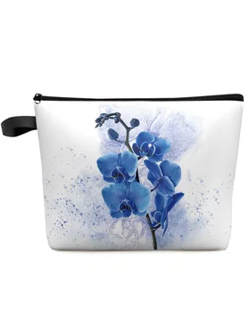akvarelė mėlyna gėlė phalaenopsis Užsakymą Kelionės Kosmetikos Krepšys Nešiojamų Makiažas Saugojimo Dėklas Moterų Vandeniui Pieštukas Atveju