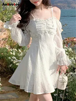 Aotvotee Spageti Dirželis Suknelė Moterims 2023 Naujas Mados Fairycore Velniop Kaklo Vasarą Mini Suknelė, Prašmatnus, Elegantiškas Atsitiktinis Balta Suknelė