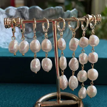 Aukso Natūralių Gėlavandenių Perlų Auskarai Moterims, Kabančios Didelis Baroko Perlas Ilgai Kutas Lašas Auskarai, Vestuviniai Papuošalai korėjos