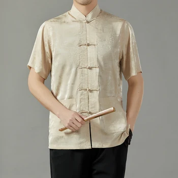 Aukštos kokybės Kinijos Tang Kostiumas Vyrams Elastiniai Marškinėliai Vasaros trumparankoviai Rytų T-shirt Kung Fu Taiji Paltai, vyriški Švarkai