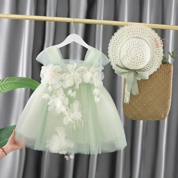 Baby Girl Vasaros Princesė Dress 0-4 metų 2023 Naujas 3D Gėlių Dirželis Slim Vaikų Frock Vaikams Drabužių Mielas Šalavijų Žalia