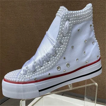 Balta aukšto viršų pearl cirkonio juostelės pasirinktinį stilių drobė batai integruotos sporto, laisvalaikio batai, moteriški batai 35-44