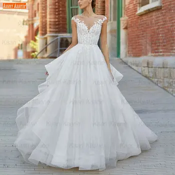 Baltos, O Ant Kaklo Vestuvių Suknelės 2021 Nėrinių Appliqued Nuotakos Suknelės Purus Tiulio Rankovių Vestido De Noiva Užsakymą Suknia Slubna