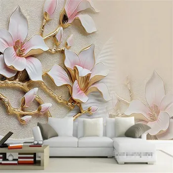 beibehang Užsakymą foto tapetai, 3d gyvenamasis kambarys su sofa-lova, TV turtingas trimatis reljefo magnolija žydi freskos