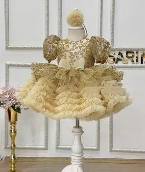 Blizgučiai Aukso Gėlių mergaičių Suknelės Blizgučiais Baby Girl Dress Reljefiniai Suknelės Mergaitėms, Vaikams, Gimtadienio Suknelė 12M 18M 24M