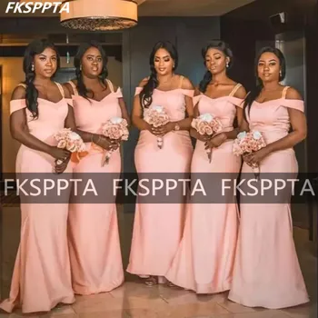 Blush Pink Undinė Ilgai Bridesmaid Suknelę Spagehtti Dirželiai Korsetas Atgal Plus Size Black Moterų Vestuves Chalatai Už Tarnaitė