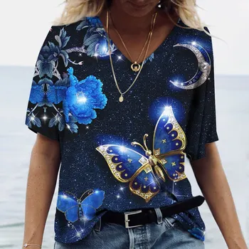 Butterfly Marškinėliai Moterims Vasaros Mergaitės Drabužius Tees Moterų Harajuku Streetwear Palaidinė su V-Kaklo, Negabaritinių trumpomis Rankovėmis Viršūnes 5xl