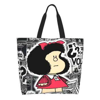 Daugkartinio Naudojimo Derliaus Quino Komiksų Mafalda Pirkinių Krepšys Moterims Drobės Pečių Nešti Maišą Patvarus Animacinių Filmų Mang Bakalėjos Shopper Bags