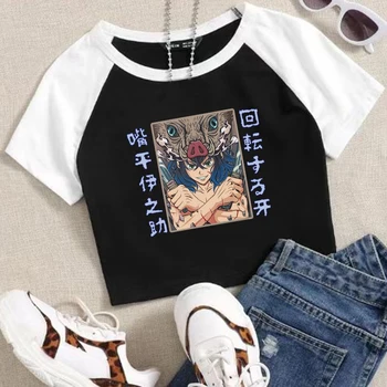 Demon Slayer Inosuke Moters Pasėlių T-Shirt Anime Mergaičių Mados O-Kaklo trumpomis Rankovėmis, Streetwear