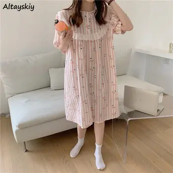 Dryžuotas Nightgowns Moterų Nėriniai Sluoksniuotos Rankovėmis Sleepwear Saldus Kolegijos Japonų Stiliaus Princesė Kasdien Mergaitišką Mados Ulzzang Laisvas