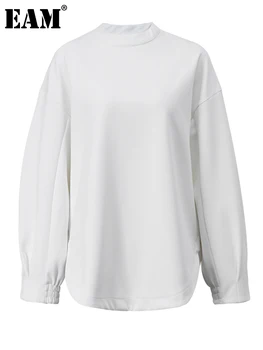 [EAM] Moterų Balta Trumpa Didelis Dydis Atsitiktinis marškinėliai Naujas Apvalios Kaklo, ilgomis Rankovėmis Palaidi Tinka Mados Banga Pavasario Rudens 2023 1DF6291