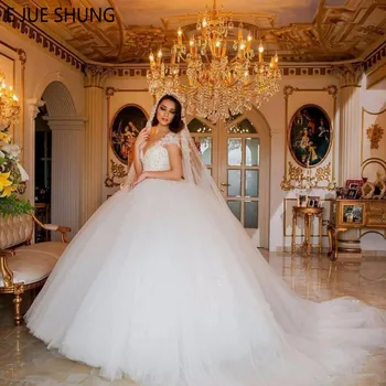 EJUE SHUNG Spalvingas Dubajus Vestuvių Suknelės Vien Samtelis Kaklo trumpomis Rankovėmis, Backless Perlai Kamuolys Suknelė Vestuvių Suknelės Vestido De Novia
