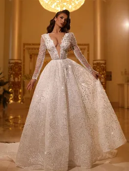 Elegantiškas Kamuolys Suknelė Vakaro Suknelės ilgomis Rankovėmis V-Kaklo Blizgančiais Zawalcowany Appliques 3D Nėriniai Gėlės Raukiniai Prom Dresses Užsakymą