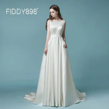 FIDDY898 Satino Vestuvių Suknelė vestido de noiva, Paprastas Vestuvių Suknelės Kišenėje Balta Suknelė Backless Kristalų Nuotakos Suknelė