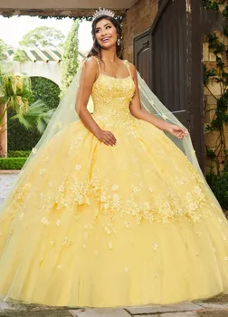 Geltona Charro Quinceanera Suknelės Kamuolys Suknelė Spagečiai Dirželiai Tiulio Nėrinių Gėlių Reljefiniai Meksikos Saldus 16 Suknelės 15 Anos