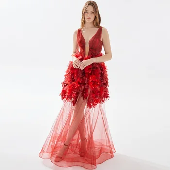 Giliai V-kaklo Raudona Aplikacijos Gėlių Suknelė Raudonos spalvos Organza Plunksnų Suknelę Backless Ilgas vakarines Sukneles Elegantiškas Moteris, Drabužiai-line