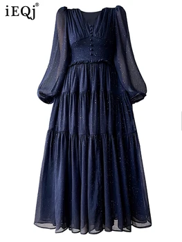 IEQJ prancūzijos Elegantiškas Dizainerio Suknelės Moterims V-Kaklo, ilgomis rankovėmis Aukštos Juosmens Big Swing Suknelė 2023 Naujų Pavasario Drabužių WQ3049