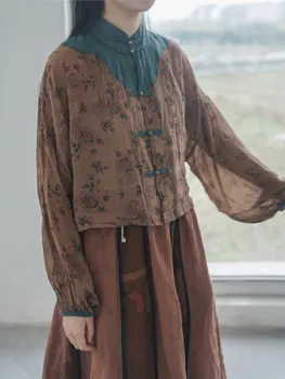 Johnature Moterų Derliaus Ramės (Kiniškosios Dilgėlės) Marškinėliai Kratinys Spalvos Mygtuką, Palaidinės 2023 M. Rudenį Naujų Ilgomis Rankovėmis Kinų Stiliaus Moterų Marškiniai