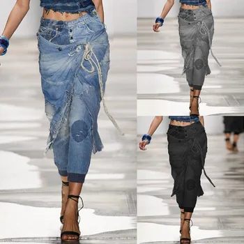 Kankina Džinsai Moterims Nėrinių Mados Kietas Vidurio Juosmens Džinsinio audinio Kelnės Atsitiktinis Palaidų Hip-pop Streetwear Jean Kelnės S-5XL