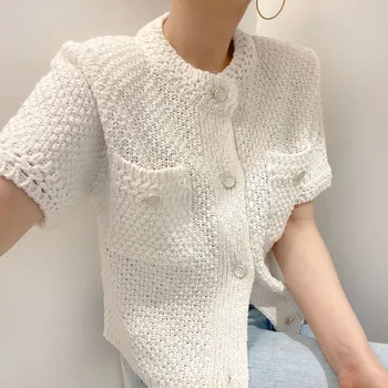 Korėjos Megztinis Moterims Drabužių Trumpomis Rankovėmis Vieną Krūtinėmis Megztinis O Kaklo Mezgimas Juoda Viršūnes 2023 Mados Baltas Kailis Femme
