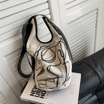 Korėjos vintage stiliaus grafiti atsitiktinis kibirą, maišą didelės talpos drobės pečių maišą moterų 2022 naujas lady siuvinėjimo retro rankinės