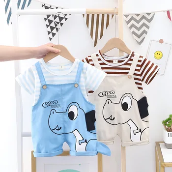 Kūdikių drabužiai 0-4 metų vasarą trumparankoviai kostiumas berniukams ir mergaitėms dryžuotas viršūnes + animacinių filmų kombinezonai su antkrūtiniais dviejų dalių vaikų kostiumas