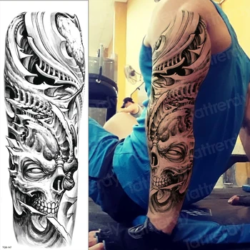 laikina tatuiruotė lipdukas didelis kaukolė rankovės tatuiruotė dizaino vyrų pečių tatuiruotės black pilnas arm sleeve kojos kūno lipdukas lapas