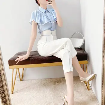 Mados 2 Dalių Rinkinys Moterims 2023 Nauja Pavasario Vasaros Korėjos Elegantiškas Trumpas Rankovės Marškinėliai + Aukšto Juosmens Pieštuku Kelnės Kostiumas Streetwear D23