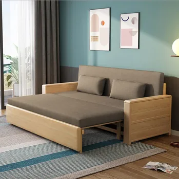 Medžio masyvo sofa-lova modern paprasta funkcija, sulankstomas trijų skyrių dvejopo tikslo vieną trijų asmuo medžiaga sofa