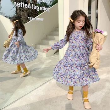 Mergaičių Suknelė 2023 Naują Pavasario Vaikų Drabužiai Suskaidytas Gėlių Suknelė korėjos Versija Saldus ilgomis Rankovėmis Princesė Suknelė