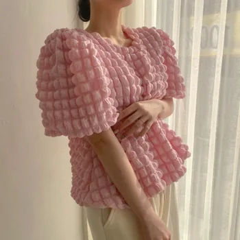Moterų Drabužiai Viršuje Korėjos Stiliaus Chic Pavasario Vasaros Saldūs Burbulas Rankovėmis Megztinis Marškinėliai Dizaino Prasme Nišą Paprastas Švelnus Viršų