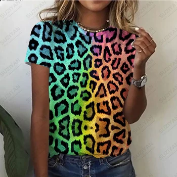 Moterų Vasarą Naujas Mados Spalvinga Leopard Vietoje 3D Atspausdintas Trumpas Rankovės marškinėliai Pora Apvalios Kaklo Atsitiktinis Asmeninį Stilių Viršų
