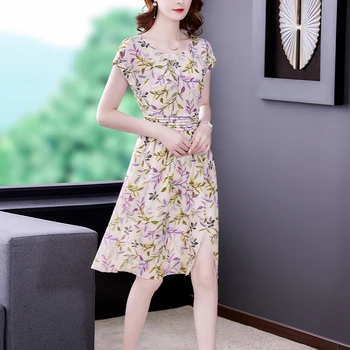 Mulberry šilko šilko gėlių suknelė vasaros suknelė 2023 naujas moterų trumparankoviai slim užsienio stilius-line sijonas