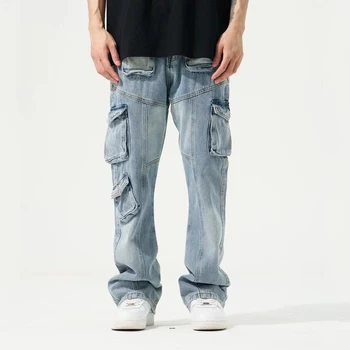 Multi-kišenėje Džinsai Vyrams Nelaimę Prarasti Didelis Krovinių Kišenėje Kelnes Blue Streetwear Atsitiktinis Mados Tiesiai kojų Y2k Džinsinio audinio Kelnės