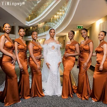 Naujas tamsiai rudais Undinė Bridesmaid Dresses 2023 Vieną Petį Šilko Afrikos Vasaros Vestuvių Svečias Šalis Suknelė vestido de fiesta de boda