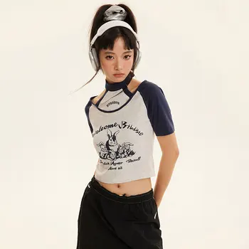 NELLARGEL Y2k Streetwear Dizaineris Apkarpyti Viršūnes 2023 Vasarą Moterys, Japonų, korėjiečių Mados Tshirts Mergina Kratinys Derliaus 2000-ųjų Topai