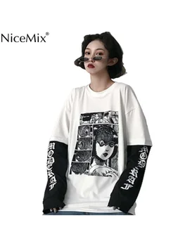 NiceMix Harajuku T-shirt Moterims Netikrą 2 vnt Spausdinti Japonų Fujiang Siaubo Komiksai ilgomis Rankovėmis Marškinėliai Moterims Vetement Femme 2022