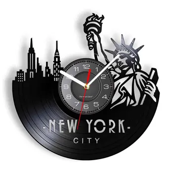 Niujorko miesto panoramos Modernus Sieninis Laikrodis Pagamintas iš Patefono Įrašyti Laisvės Statula Orientyrai Sieninis laikrodis Su LED Apšvietimu Iliustracijos