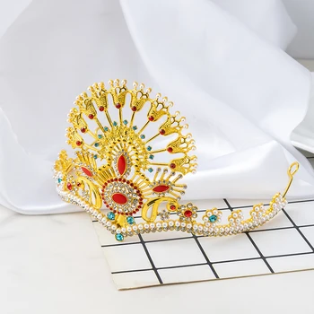 Prabangūs, Aukso Spalvos Karalienės Karūnos Gėlių Povas Dizainas Su Plaukų Šukos Napoleonas Galvos plaukų Lankelis Vestuvių suknelė Šalis, Rožančiai Papuošalai