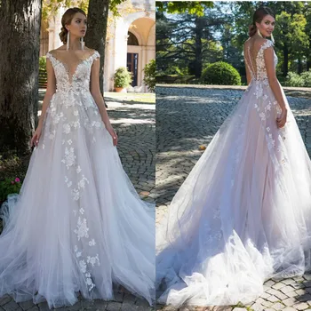 Romantiška A-Line Wedding Suknelė Gilia V-Kaklo Nėrinių Aplikacijos 3D Gėlės Bžūp Rankovėmis su Perlai Mygtuką Atgal Nuotakos Vestido De Novia