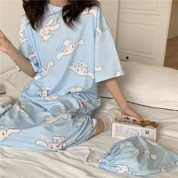 Sanrio Kuromi Nightdress Merginos Homewear trumpomis Rankovėmis Vasarą Pižama Cartoon Mano Melodija Cinamono rūbeliai