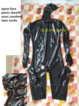 Seksualus Juodos spalvos vyriški Latekso viso Kūno Gaubtu Catsuit Stora Bodysuits su Penio Movos Analinis Prezervatyvas