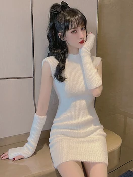 Seksualus, Saldus Skraiste Slim Wrap Klubo, O Long Sleeve Sweater Dress Mini Vestidos Mujer Kietas Elegantiškas Korėjos Mados Aukštos Juosmens Kratinys